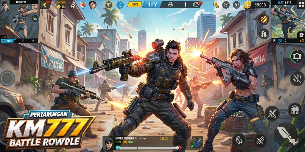 Tampilan gameplay KM777 yang menegangkan dalam pertempuran Battle Royale.