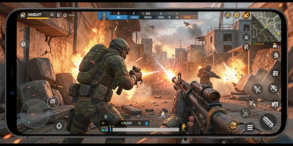 Screenshot utama MNDUIT menunjukkan aksi pertempuran seru FPS.