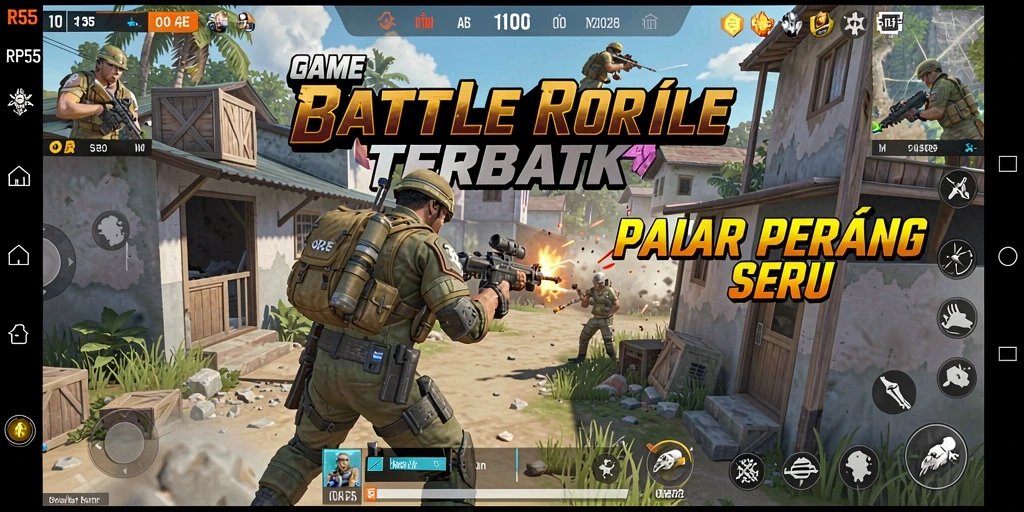Screenshot RP55 menunjukkan aksi seru dalam pertempuran Battle Royale.