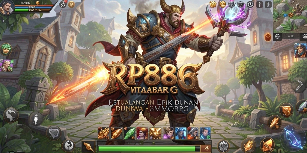 Screenshot gameplay RP886 menampilkan pertarungan epik di dunia fantasi.