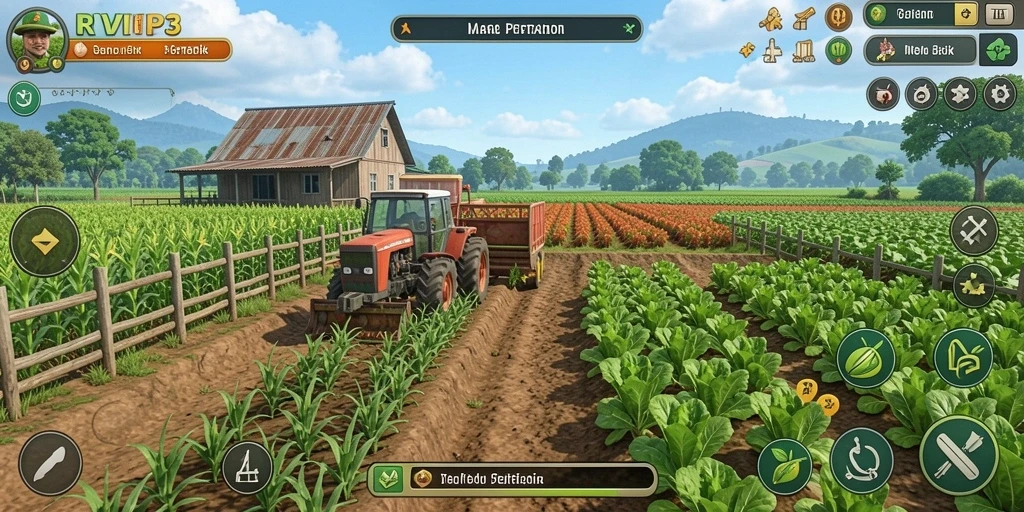 Tampilan gameplay seru di RVIP3 dengan lahan pertanian yang subur.